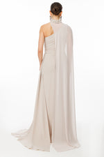 Load image into Gallery viewer, One-shoulder and embroidered evening dress with cape detail at the neck