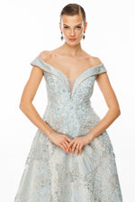 Load image into Gallery viewer, Evening Dress with Fine Jacquard Patterned Fabric, Flowers and Beads