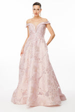 Load image into Gallery viewer, Evening Dress with Fine Jacquard Patterned Fabric, Flowers and Beads