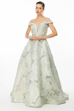 Resmi Galeri görüntüleyiciye yükleyin, Çiçek Desenli Omuz Açık A Kesim Abiye Elbise