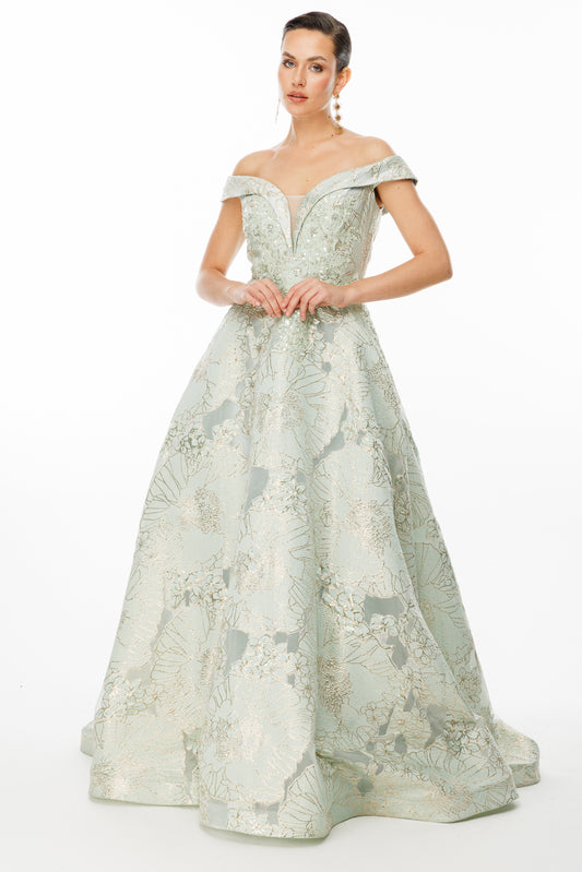 Çiçek Desenli Omuz Açık A Kesim Abiye Elbise