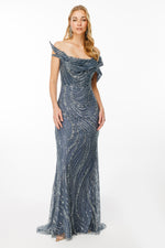 تحميل الصورة في عارض المعرض، فستان سهرة بنمط حلزوني لامع وتفاصيل أكتاف منسدلة