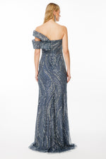 تحميل الصورة في عارض المعرض، فستان سهرة بنمط حلزوني لامع وتفاصيل أكتاف منسدلة