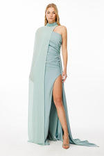 Load image into Gallery viewer, One-shoulder and embroidered evening dress with cape detail at the neck