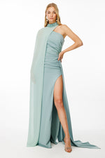 Load image into Gallery viewer, One-shoulder and embroidered evening dress with cape detail at the neck