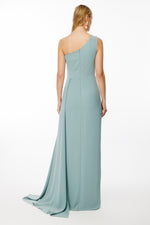 Load image into Gallery viewer, One-shoulder and embroidered evening dress with cape detail at the neck