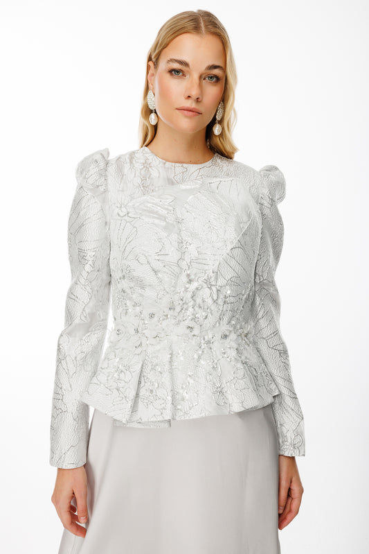 Büstü Desenli Jakar Kumaş ve Saten Etekli Tesettür Abiye Elbise