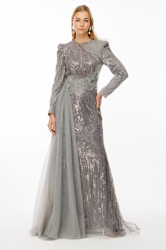 Evening Dress with Sequined Embroidered Stones and Cape Detail