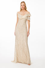 تحميل الصورة في عارض المعرض، فستان سهرة بنمط حلزوني لامع وتفاصيل أكتاف منسدلة