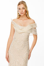 تحميل الصورة في عارض المعرض، فستان سهرة بنمط حلزوني لامع وتفاصيل أكتاف منسدلة