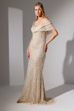 تحميل الصورة في عارض المعرض، فستان سهرة بنمط حلزوني لامع وتفاصيل أكتاف منسدلة