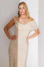 تحميل الصورة في عارض المعرض، فستان سهرة بنمط حلزوني لامع وتفاصيل أكتاف منسدلة