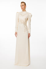 تحميل الصورة في عارض المعرض، فستان سهرة حجابي بتفاصيل مطرزة على الخصر من قماش الساتان