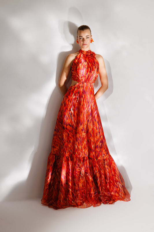 Patterned High Collar Flounce Chiffon Evening Dress