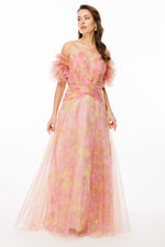 تحميل الصورة في عارض المعرض، فستان سهرة بدون حمالات بفتحة رقبة على شكل حرف V من قماش التول المزخرف