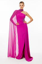 Load image into Gallery viewer, One-shoulder and embroidered evening dress with cape detail at the neck