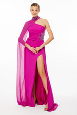 Load image into Gallery viewer, One-shoulder and embroidered evening dress with cape detail at the neck