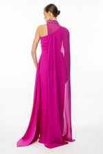 Load image into Gallery viewer, One-shoulder and embroidered evening dress with cape detail at the neck