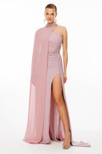 Load image into Gallery viewer, One-shoulder and embroidered evening dress with cape detail at the neck