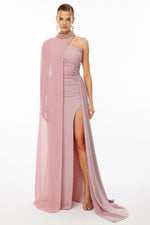 Load image into Gallery viewer, One-shoulder and embroidered evening dress with cape detail at the neck