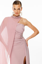 Load image into Gallery viewer, One-shoulder and embroidered evening dress with cape detail at the neck