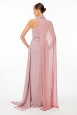Load image into Gallery viewer, One-shoulder and embroidered evening dress with cape detail at the neck
