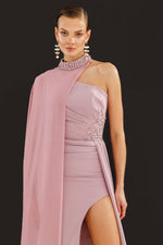 Load image into Gallery viewer, One-shoulder and embroidered evening dress with cape detail at the neck