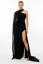 Load image into Gallery viewer, One-shoulder and embroidered evening dress with cape detail at the neck