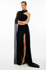 Load image into Gallery viewer, One-shoulder and embroidered evening dress with cape detail at the neck