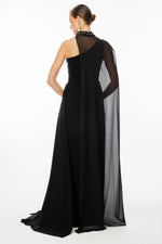 Load image into Gallery viewer, One-shoulder and embroidered evening dress with cape detail at the neck