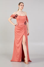 Load image into Gallery viewer, Waist and Shoulder Detailed Slit Evening Dress