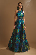 تحميل الصورة في عارض المعرض، فستان سهرة شيفون منقوش بياقة عالية ومنفوش