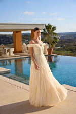 Load image into Gallery viewer, Pearl Embroidered Layered Tulle Evening Dress