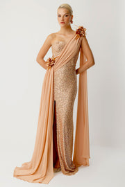 Asymmetrical Silhouette Cape Detail Evening Dress