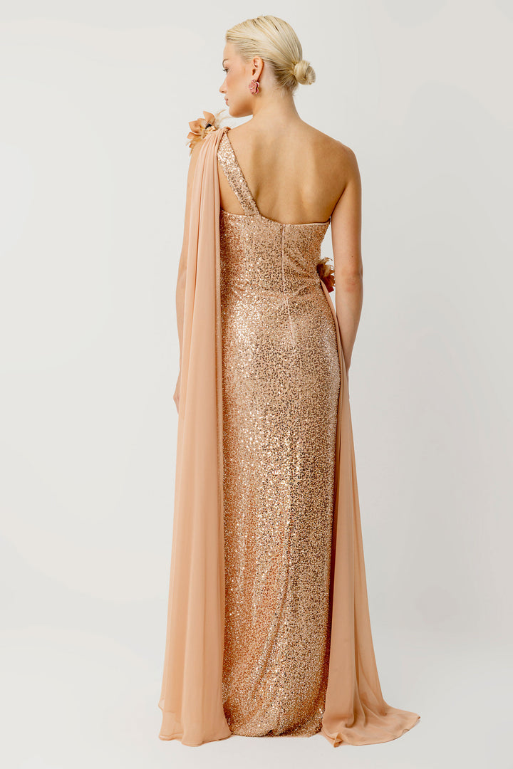 Asymmetrical Silhouette Cape Detail Evening Dress