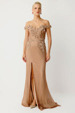 Load image into Gallery viewer, Off-the-shoulder long evening dress with appliqué and slit.