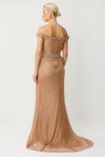 Load image into Gallery viewer, Off-the-shoulder long evening dress with appliqué and slit.