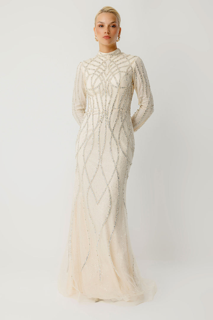 El İşlemeli Couture Ekru Abiye Elbise