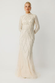 El İşlemeli Couture Ekru Abiye Elbise