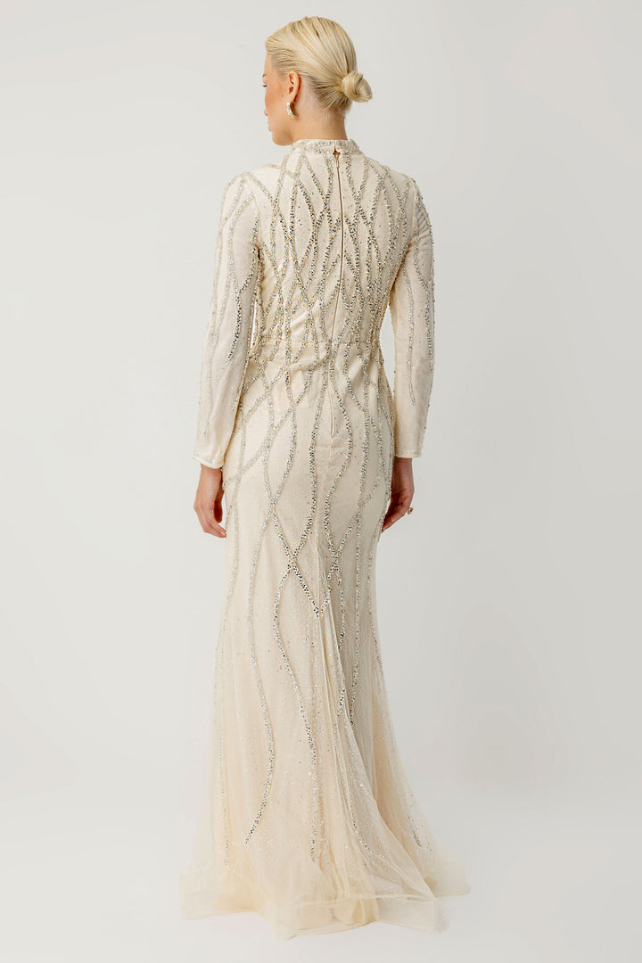 El İşlemeli Couture Ekru Abiye Elbise