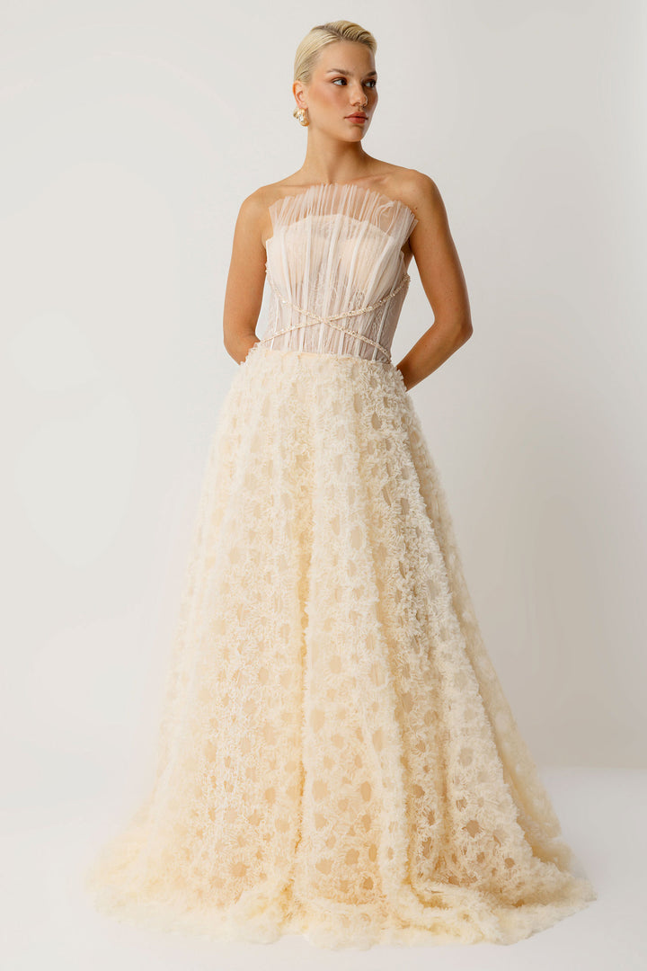Luna Flower Ecru Textured Princess Evening Dress
