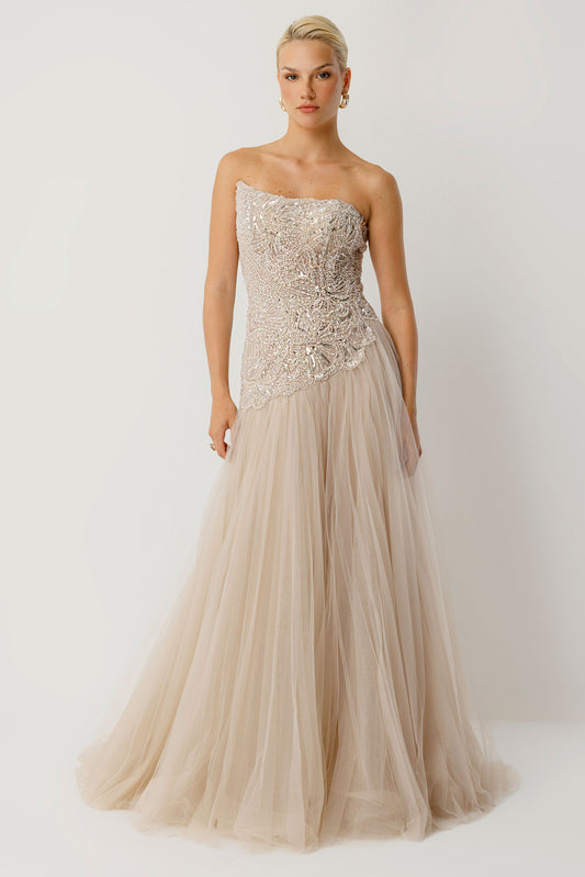 Perla Strapless Embroidered Beige Engagement Dress