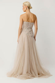 Perla Strapless Embroidered Beige Engagement Dress