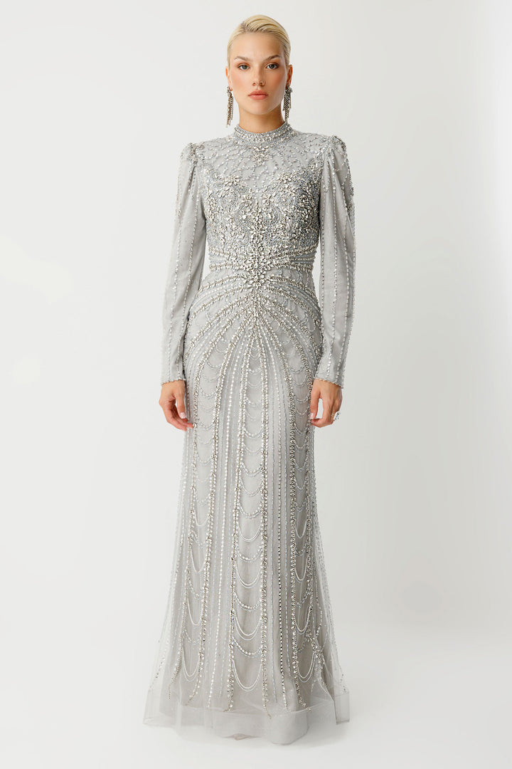 Platinum Sparkle Embellished Silver Hijab Evening Dress
