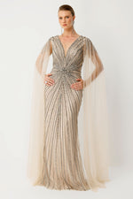 Load image into Gallery viewer, Beige Plus Size Evening Dress with V-Neck Cape and Sleeve Details, Embellished with Stone Embellishments
