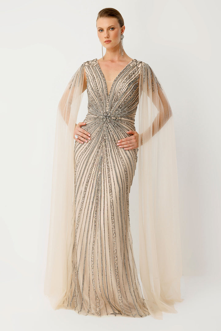 Beige Plus Size Evening Dress with V-Neck Cape and Sleeve Details, Embellished with Stone Embellishments