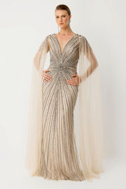Beige Plus Size Evening Dress with V-Neck Cape and Sleeve Details, Embellished with Stone Embellishments