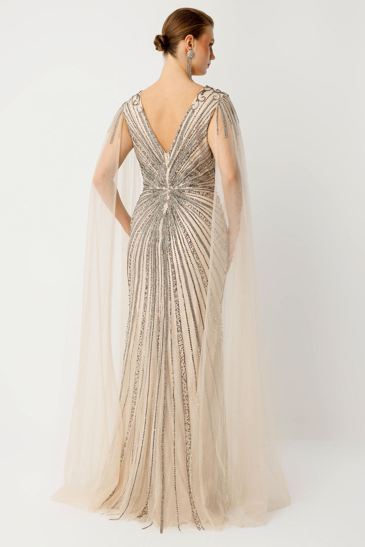 Beige Plus Size Evening Dress with V-Neck Cape and Sleeve Details, Embellished with Stone Embellishments