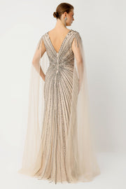 Beige Plus Size Evening Dress with V-Neck Cape and Sleeve Details, Embellished with Stone Embellishments