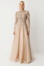 Resmi Galeri görüntüleyiciye yükleyin, Royal Class Taş İşlemeli Gold Tesettür Abiye